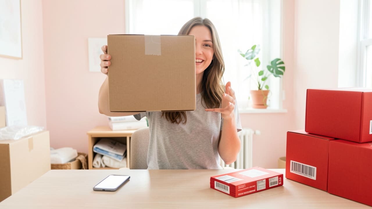 A woman in her small apartment holds up a packed shipping box toward the camera, smiling at a phone showing a sale notification glowing on the desk beside her