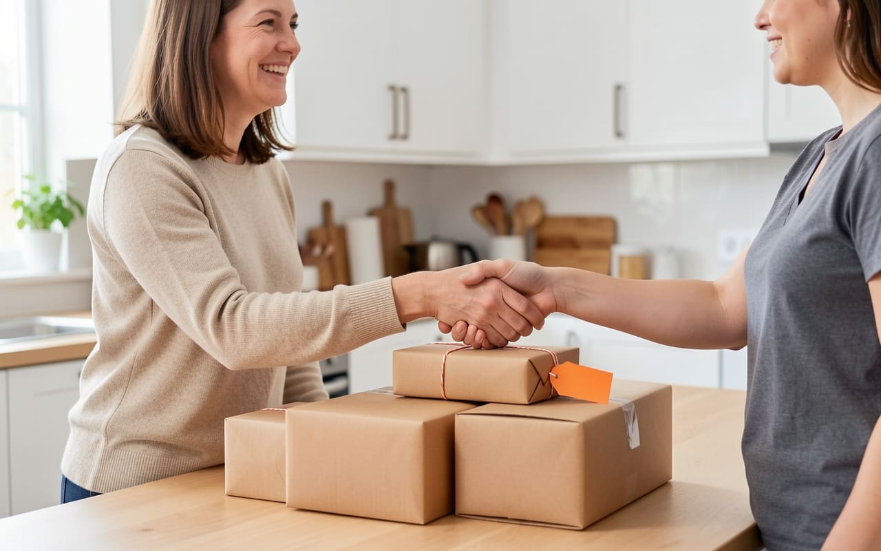 Close view of the mother sealing a small handshake deal with a customer over a stack of packaged orders