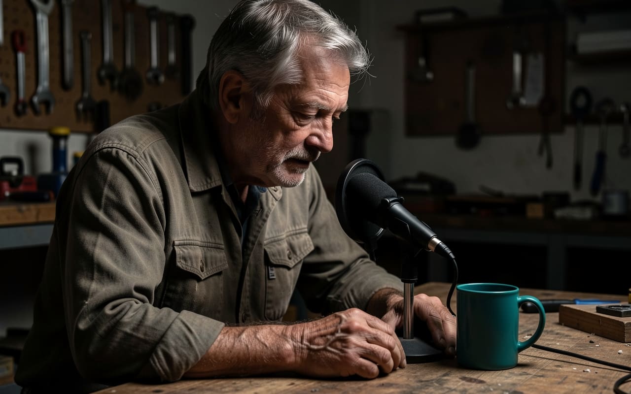 The same man in his fifties leaning toward a small microphone, recording a short explainer in his workshop