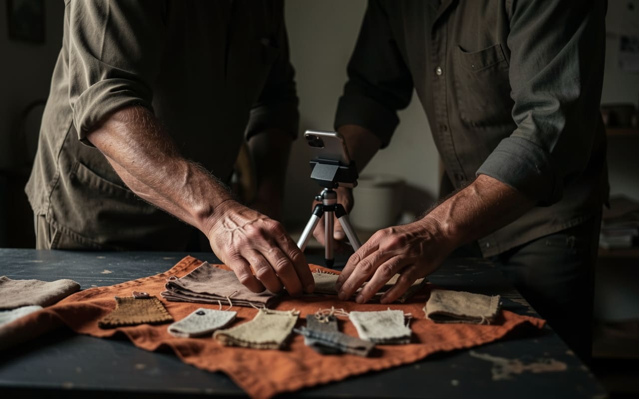 The man in his fifties arranging a flat-lay of finished handmade goods on a dark table to photograph from above