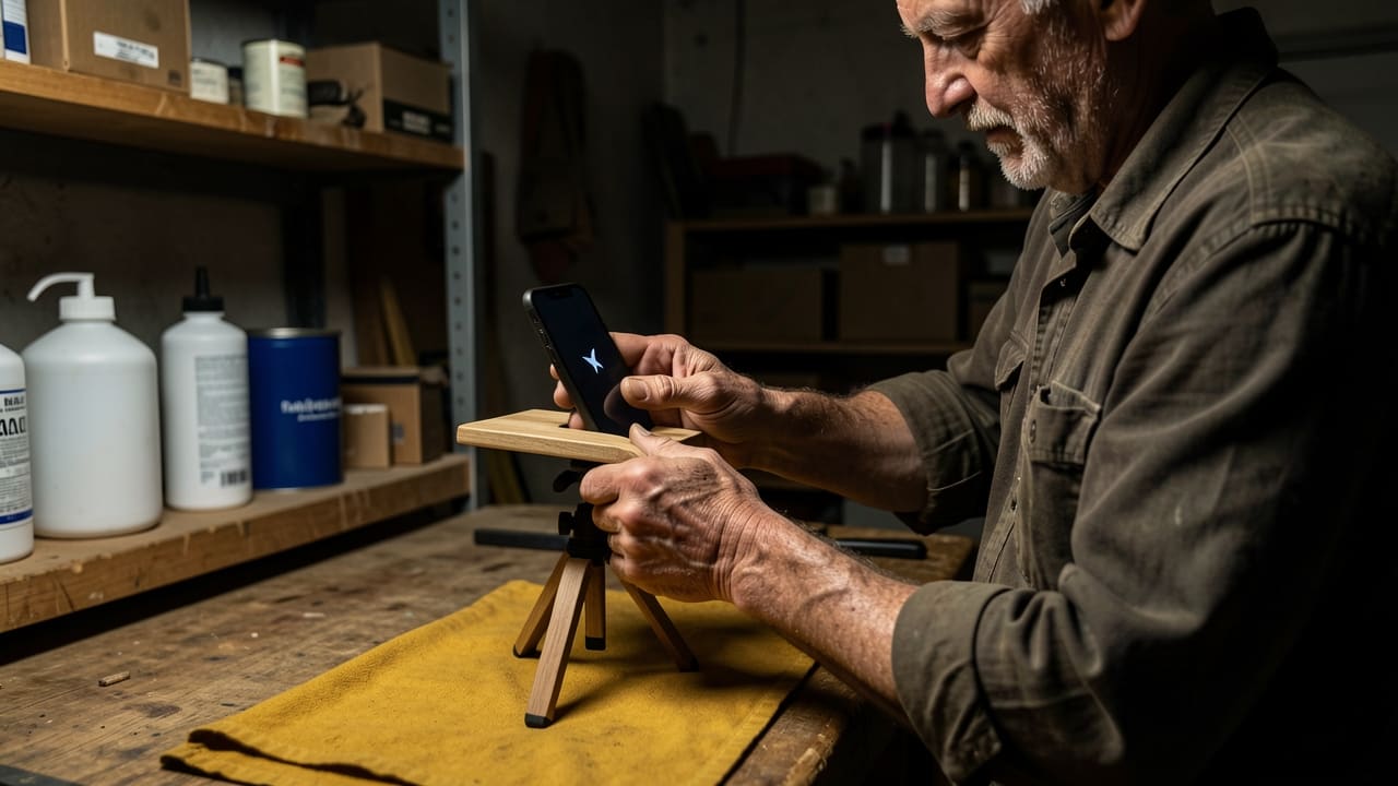 A man in his fifties with weathered hands setting up a phone on a small tripod to photograph a handmade product in a dim garage workshop