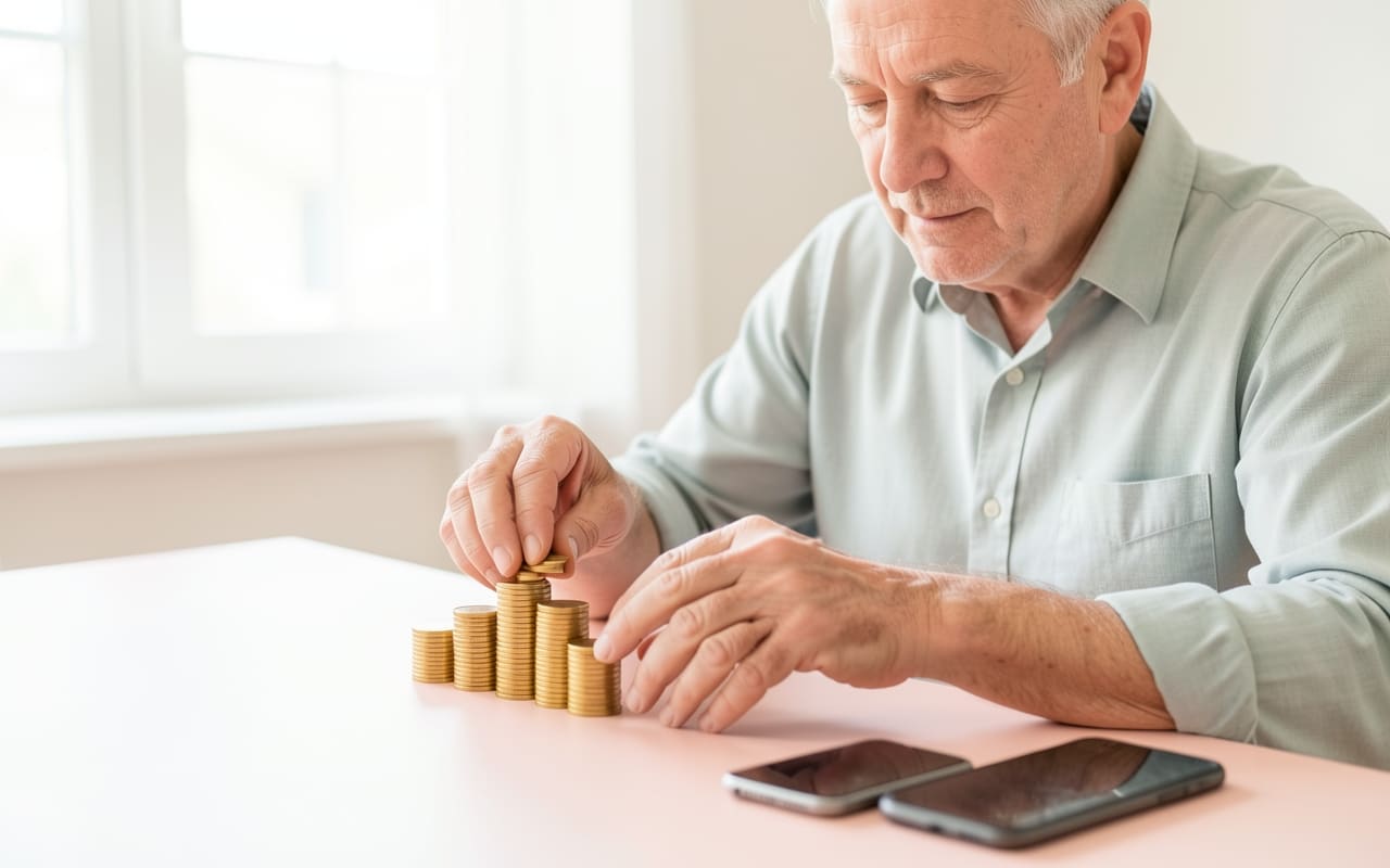 The same man in his fifties stacking coins on his desk beside a small notebook, phone face-down beside him