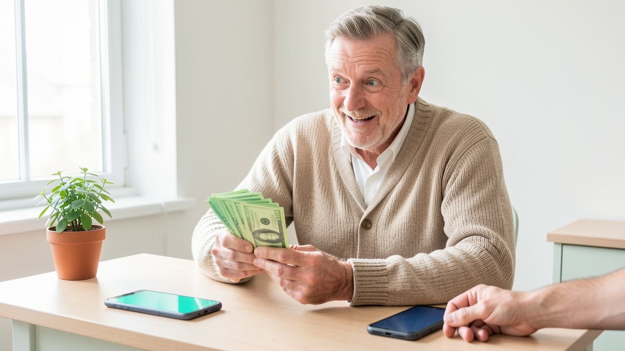 A man in his fifties at a small home office desk, smiling as he fans out cash while looking at his phone