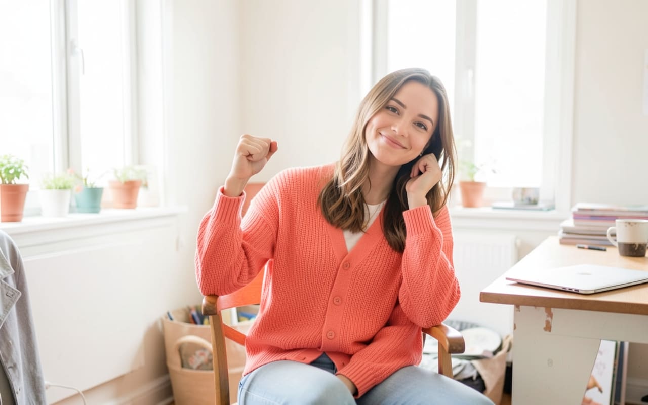 The same woman leaning back in her chair with a quiet fist-pump at a small apartment desk