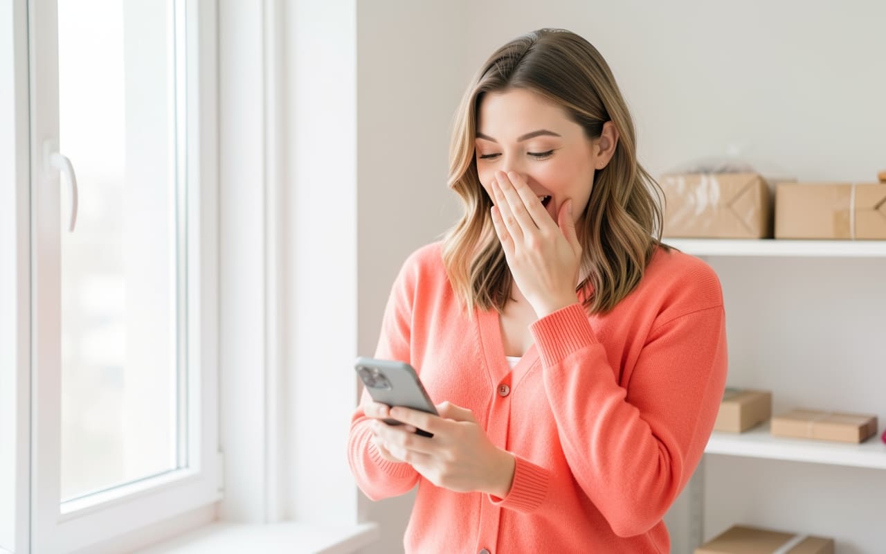 The same woman with a hand over her mouth in happy surprise beside a window in her apartment
