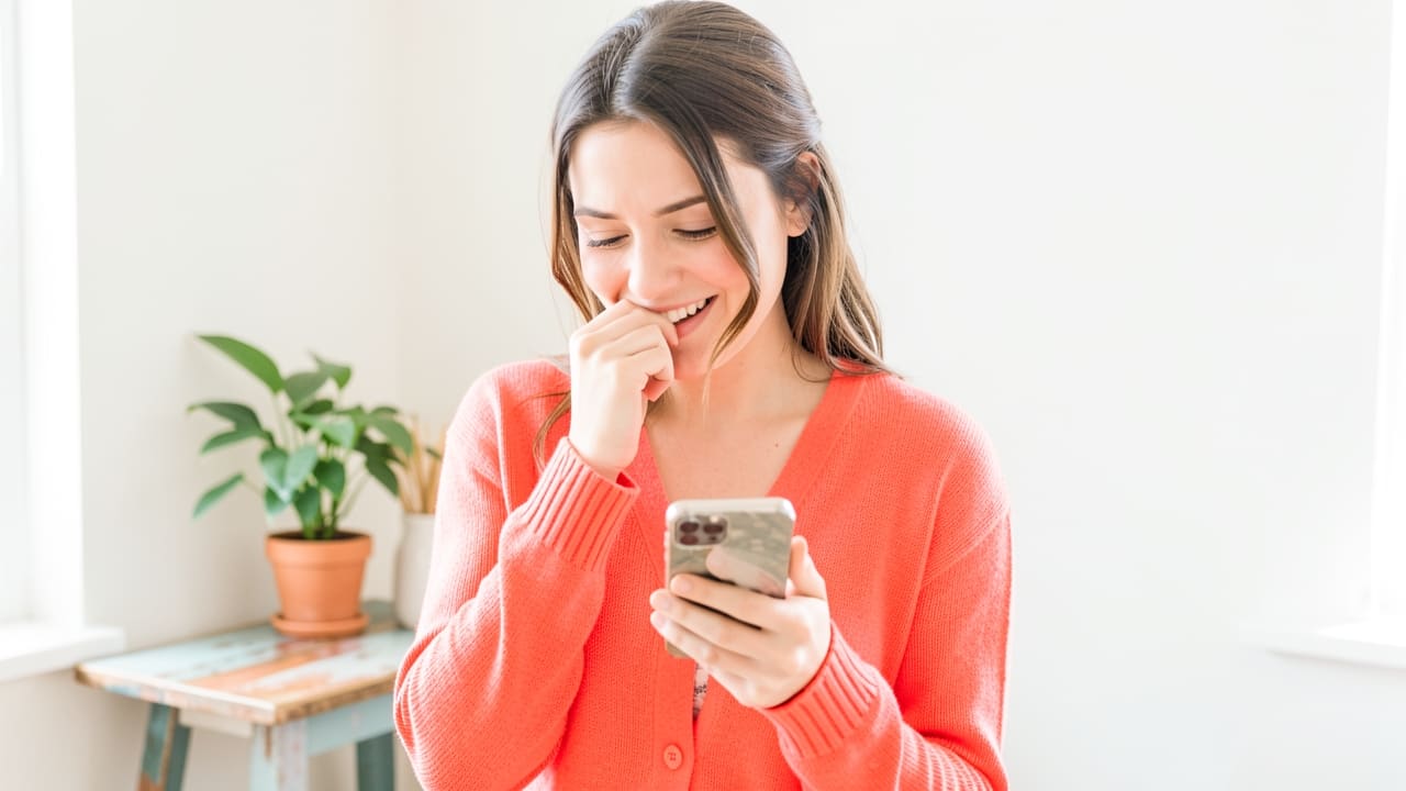 A young woman in a small apartment kitchen smiling in relief at her phone, which is angled away from the camera