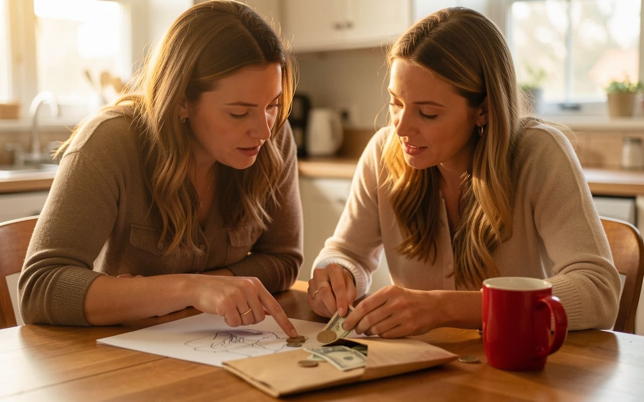 Two friends sitting close together at a kitchen table, one pointing at a notebook while the other counts cash from a small envelope with visible bills