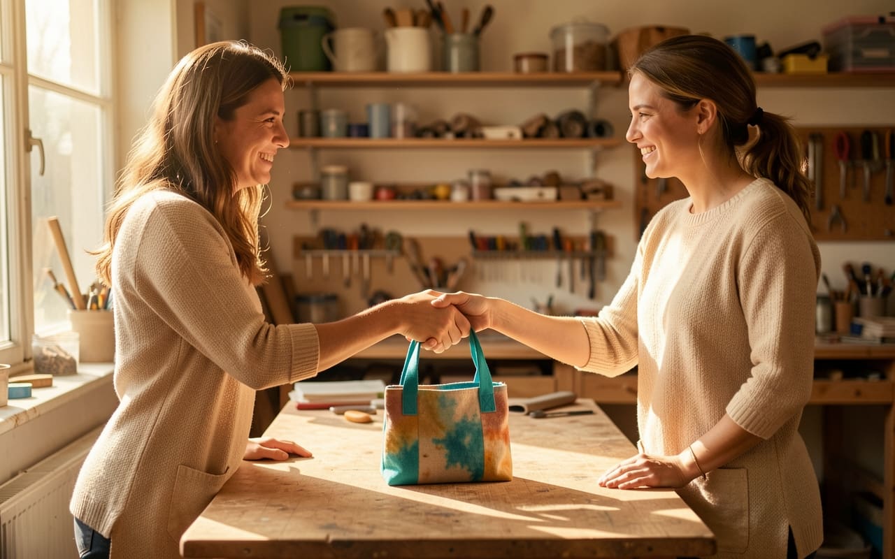 Two women shaking hands across a table with a small handmade product between them, sealing a deal in a sunlit workshop