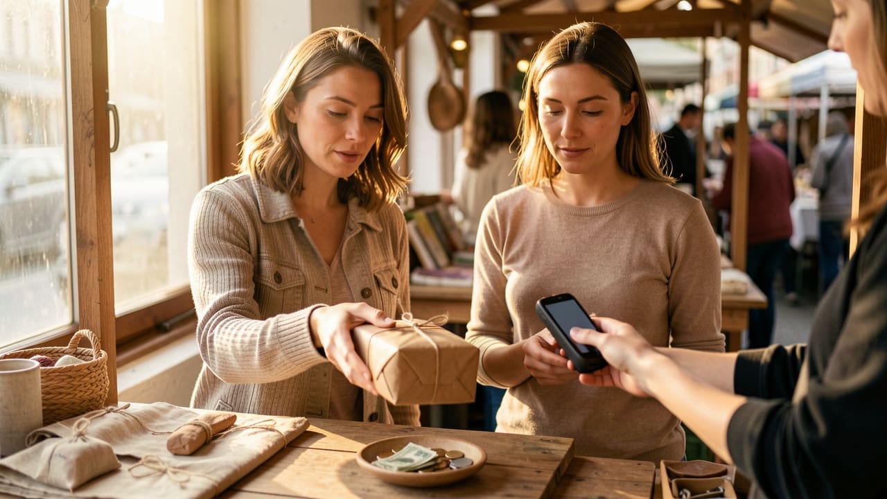 Two women standing at a small market table, one handing a wrapped product to a customer while the other rings up the sale on a card reader, warm golden afternoon light