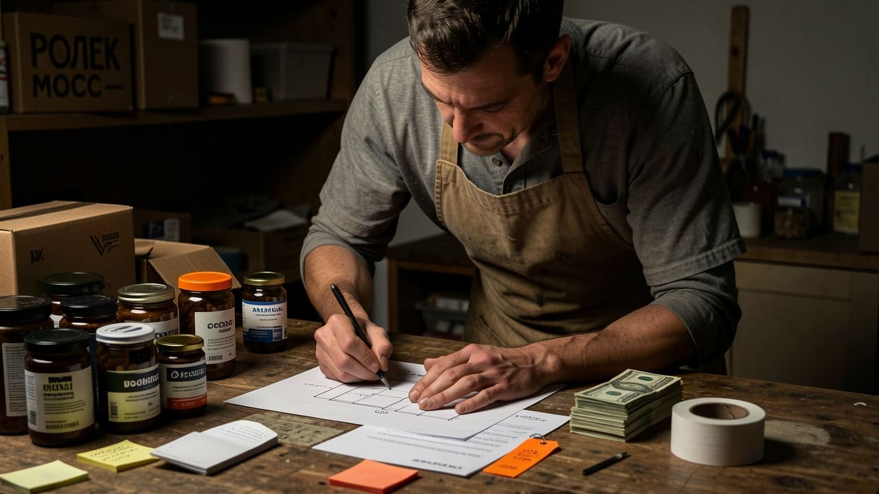 A small-shop owner in an apron sketching a product layout on paper at a cluttered workbench, warm lamp light against deep shadow, a stack of cash and a price tag catching the only saturated color in the frame