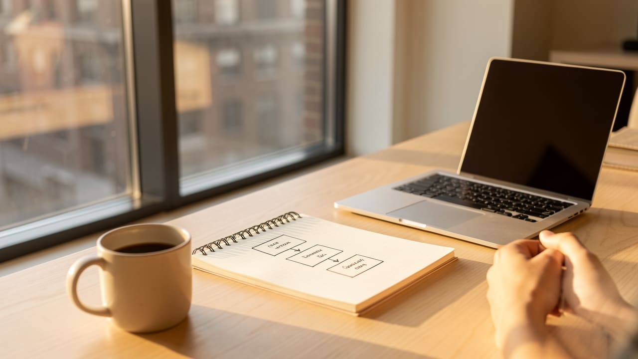 Solo entrepreneur sketching a simple funnel diagram in a notebook at a minimal wooden desk near a sunlit window