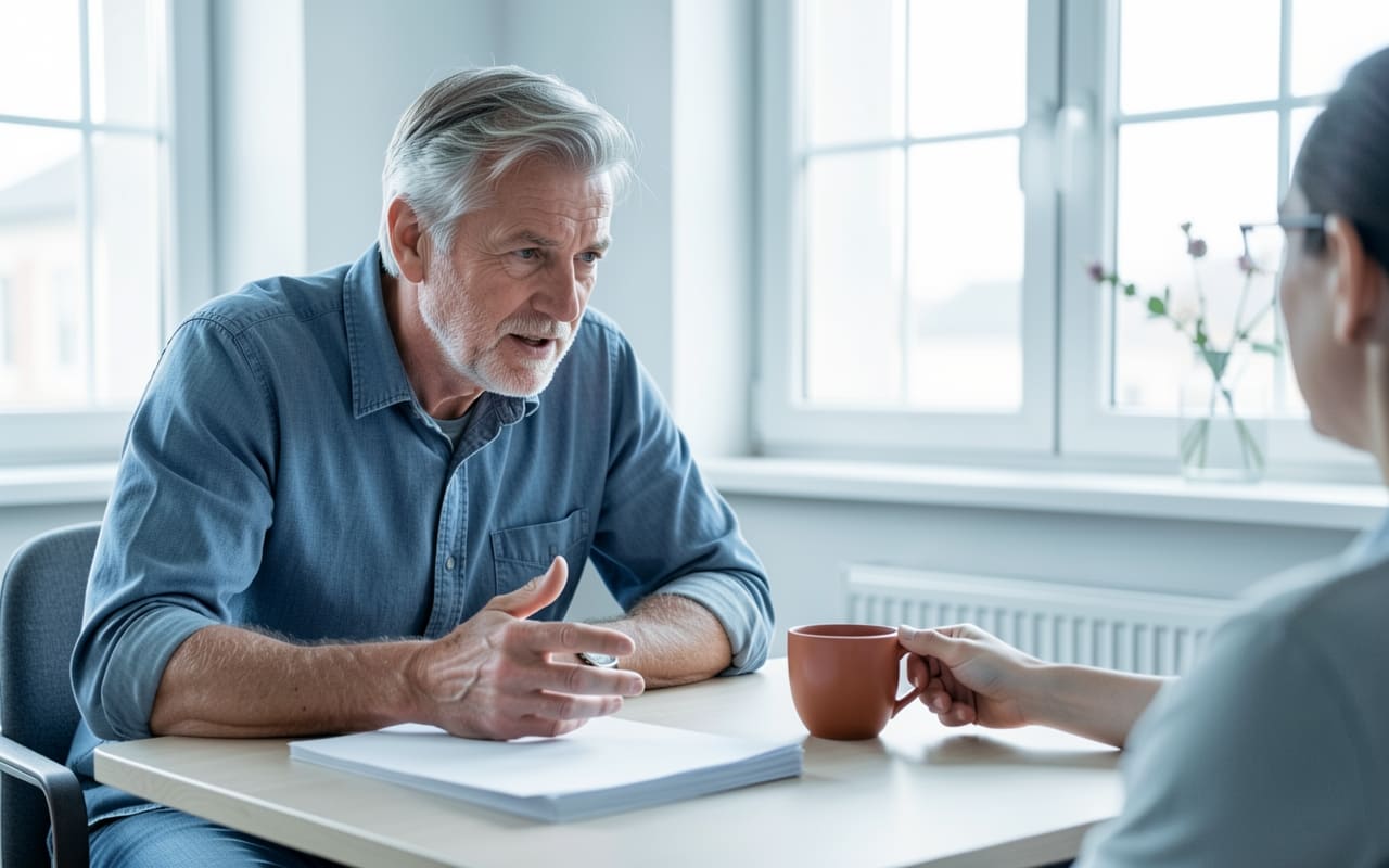 The same man in his fifties coaching a younger client across a small table, papers and a coffee cup between them, no laptop in sight
