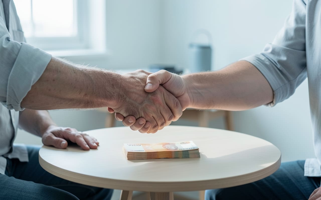 The man in his fifties shaking hands with a customer to seal a deal, a small stack of cash visible on the table between them