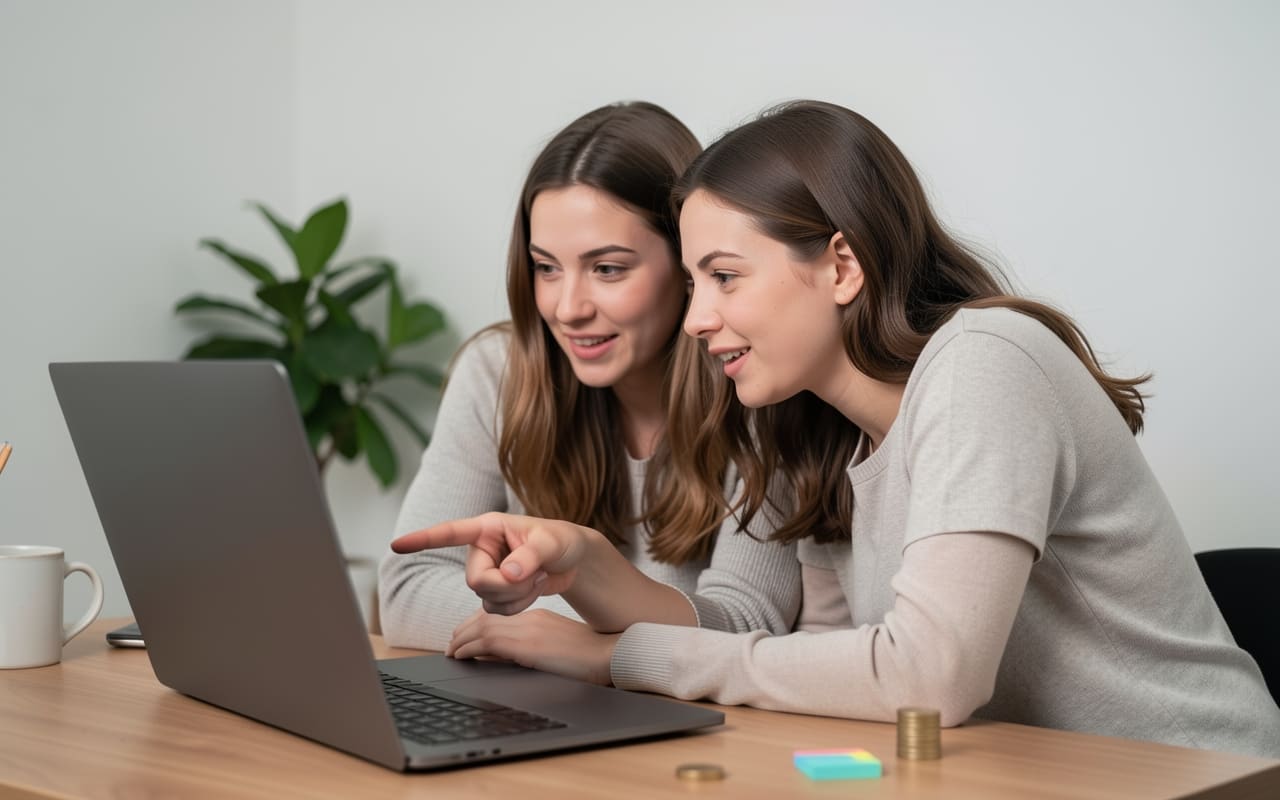 The same two women leaning over a laptop together, one pointing at the angled-away screen while the other nods, both focused