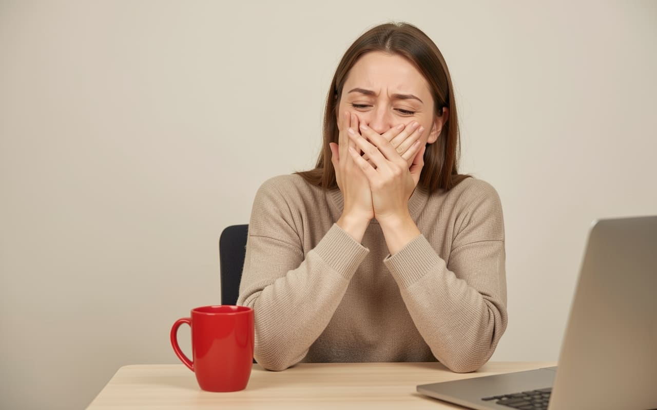One of the two women alone at a small desk, leaning back with both hands over her mouth in quiet disbelief at her phone