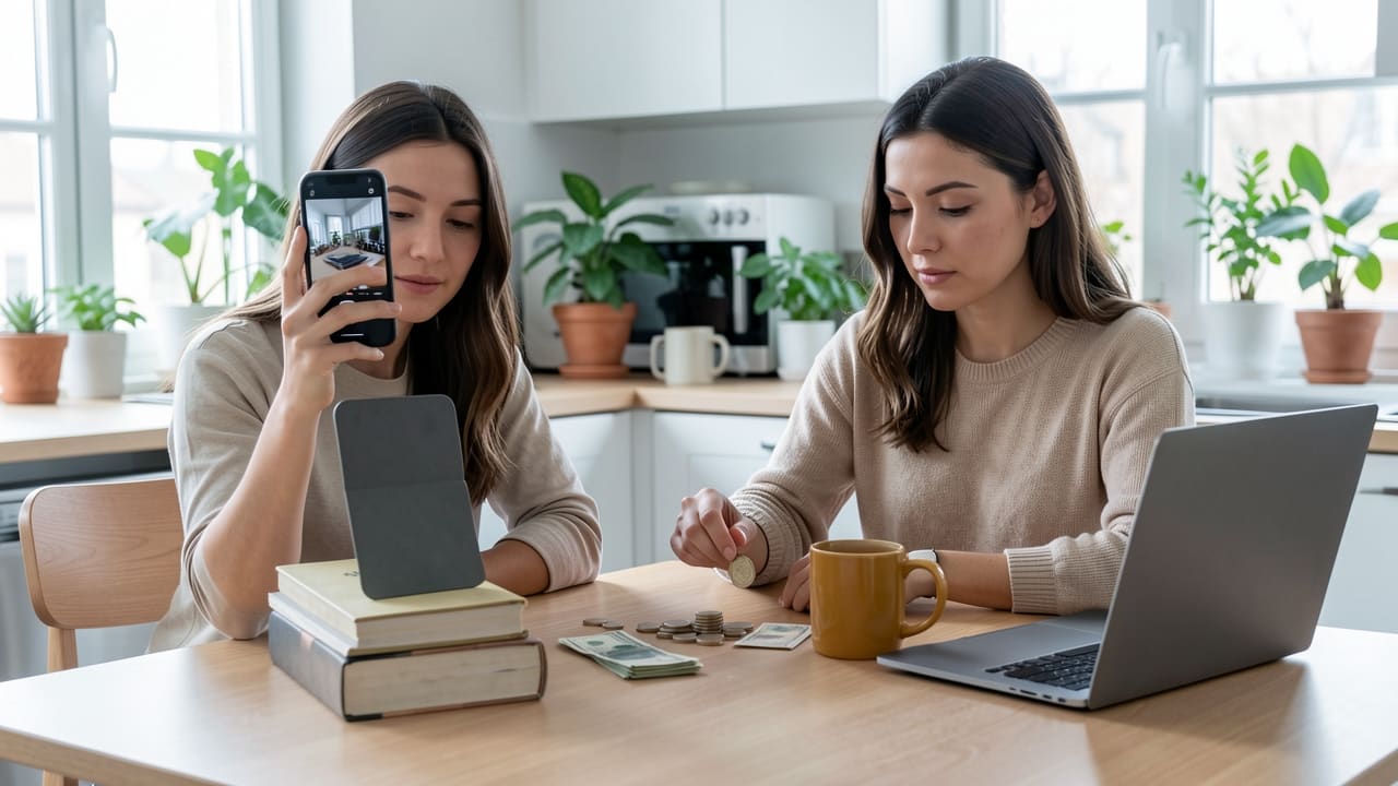 Two women at a small kitchen table, one filming a vertical video with a phone propped on a stack of books while the other stacks coins next to a laptop with its screen off