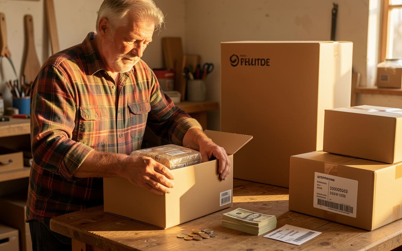 The same man packing a small parcel with product samples, cash and a shipping label on the table beside him