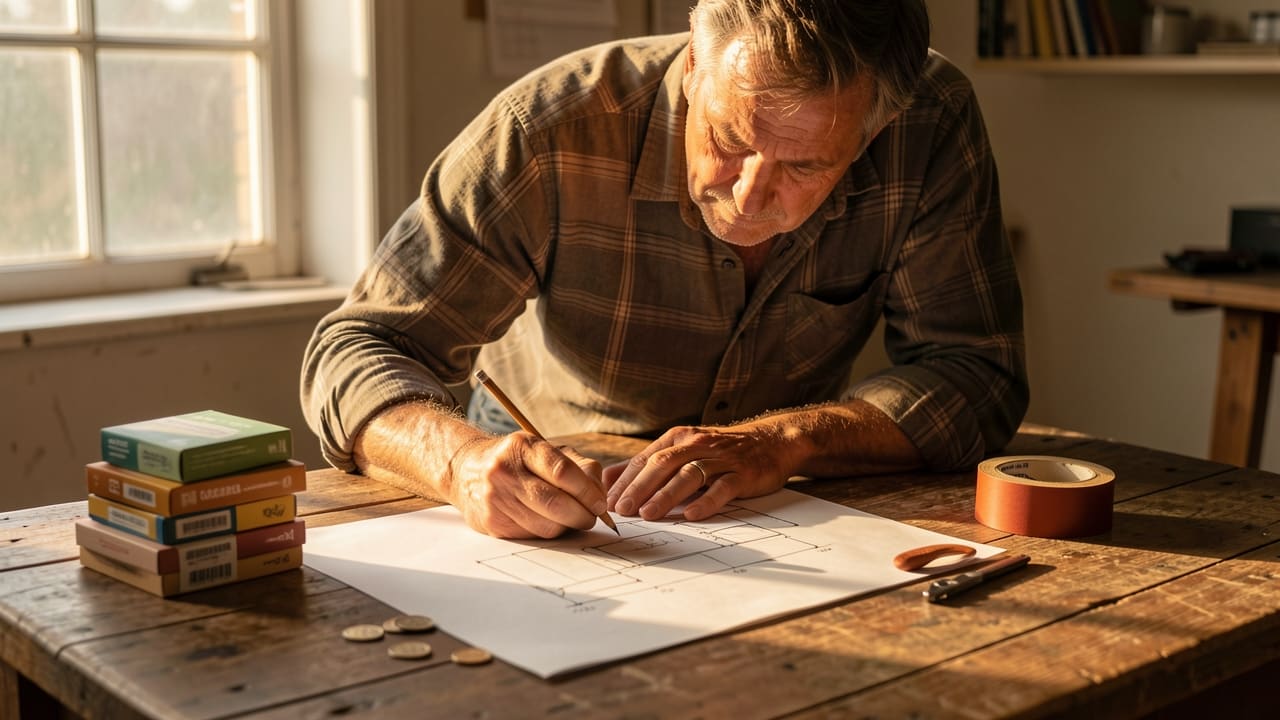 A man in his fifties in a home workshop, absorbed in sketching a product layout on paper, warm golden light across the table