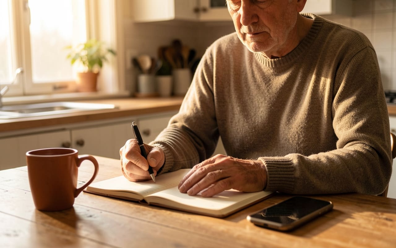 The man's two hands typing on a notebook at his kitchen table in early morning light, phone face-down beside him