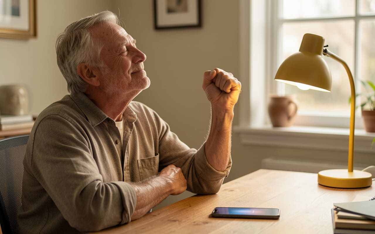 The man mid-fist-pump at his desk as his phone lights up with a notification, morning light through the window