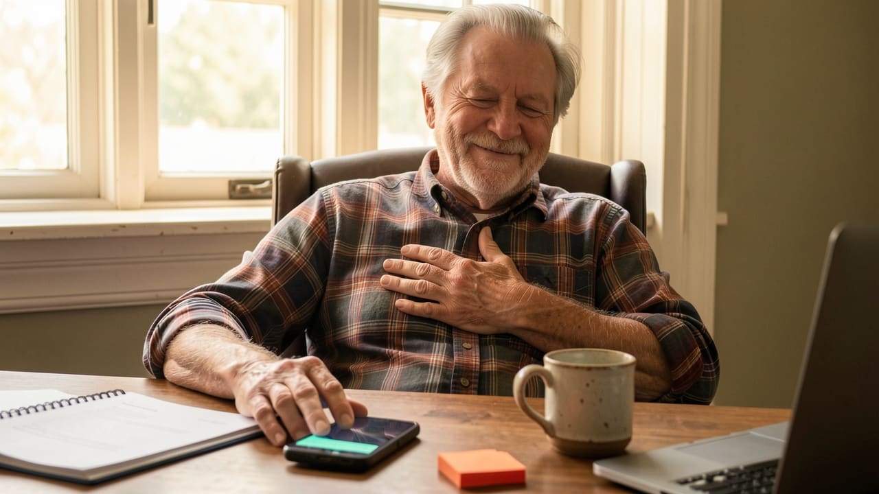 A man in his fifties leaning back in his chair with a relieved smile, phone lit up beside a mug of coffee on a wooden desk
