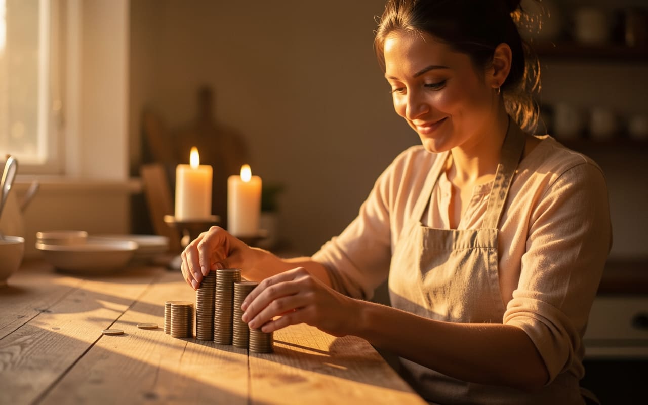 The maker stacking coins into small towers on her counter at day's end, golden light through the shop window