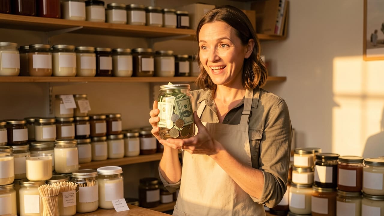 A woman in an apron at her small candle-making counter, smiling as she checks her phone showing a sale notification, warm golden light, jars of cash on the counter