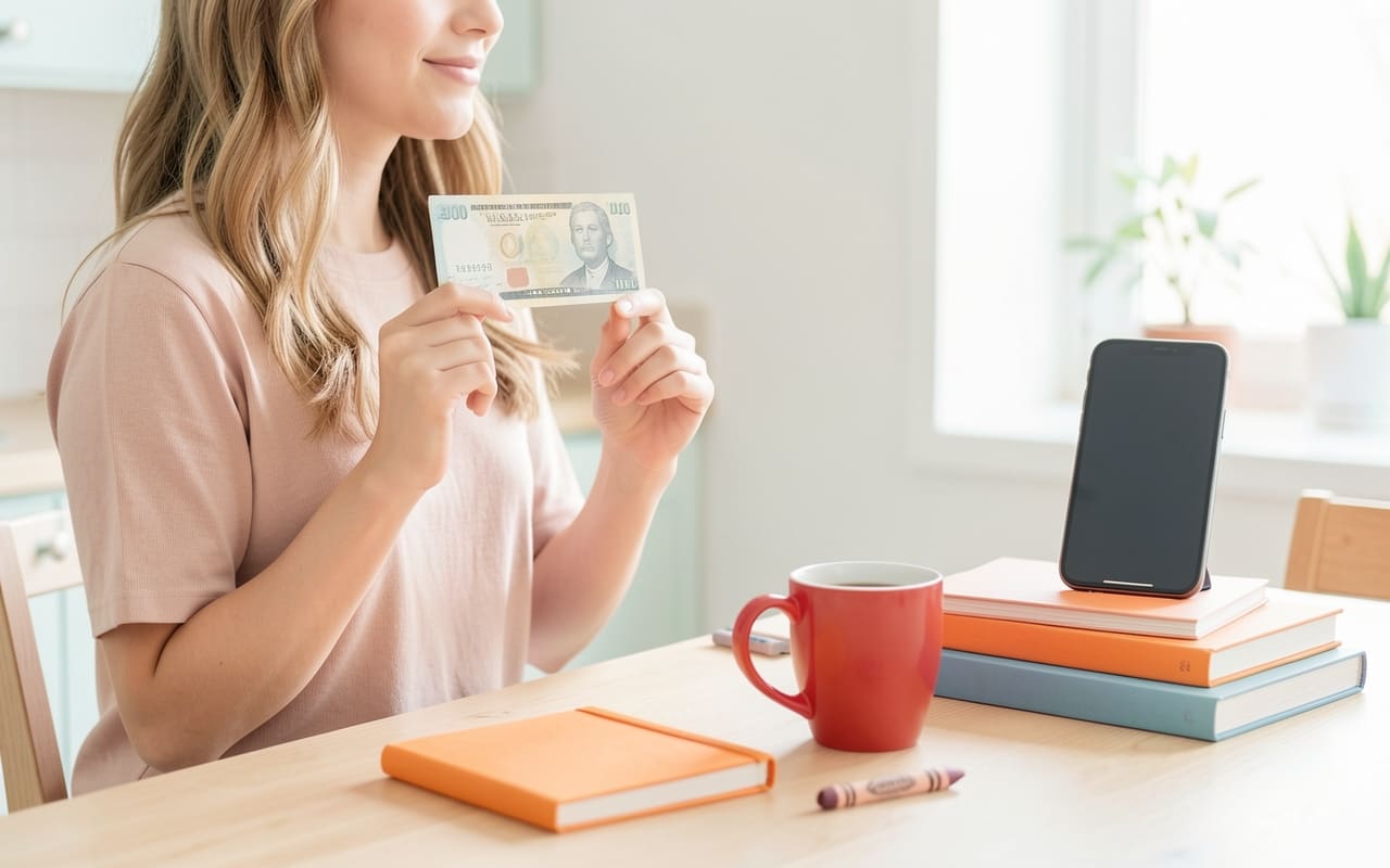 The same parent filming a quick demo of a small product with her phone propped against a stack of books, a mug of coffee going cold beside her
