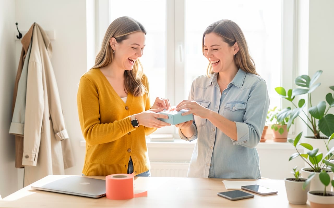 Two friends side by side at a window desk sealing a parcel together, the same pair from the hero