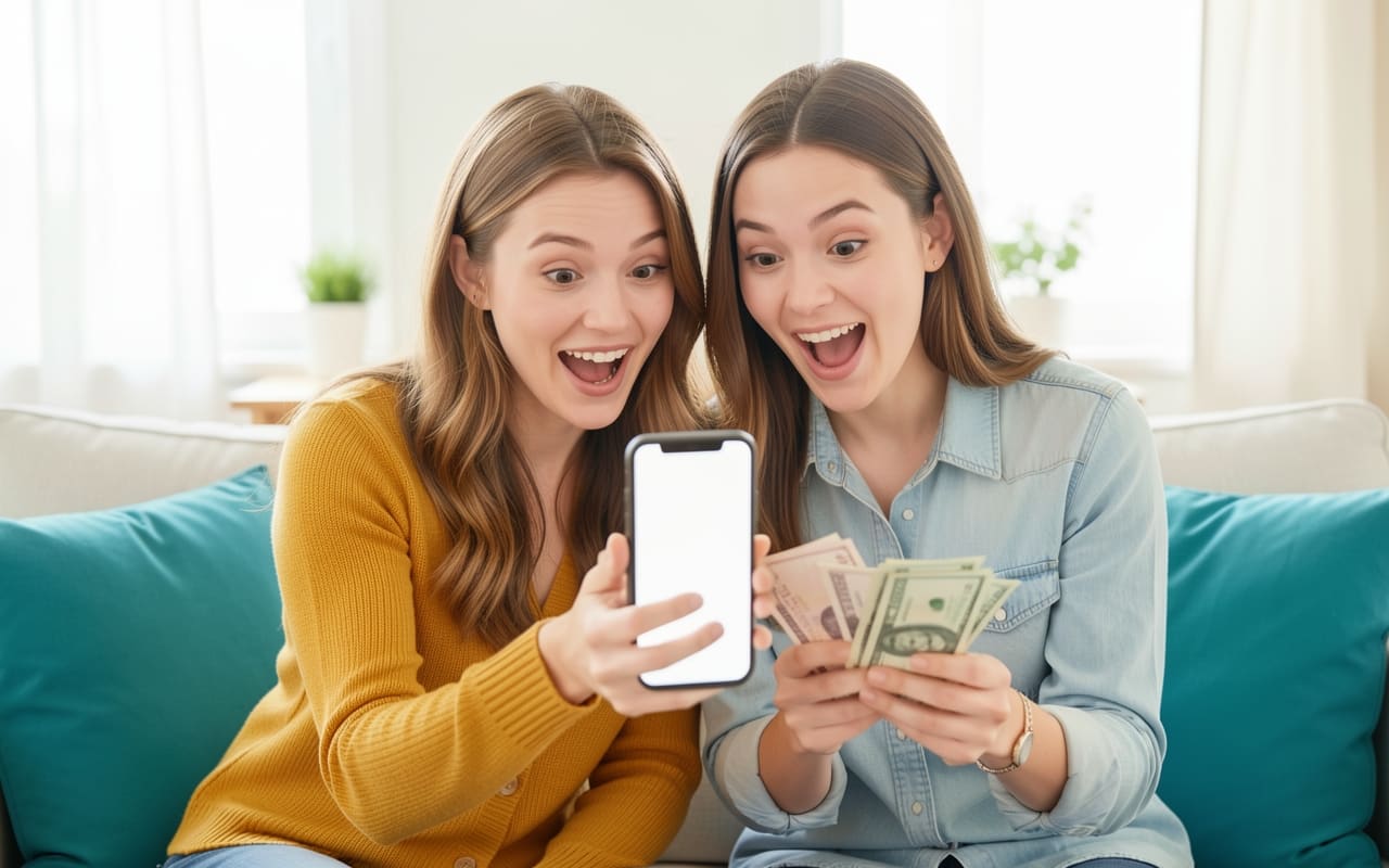 The same two people leaning together over a phone showing only a soft blank glow, reacting to a sale notification