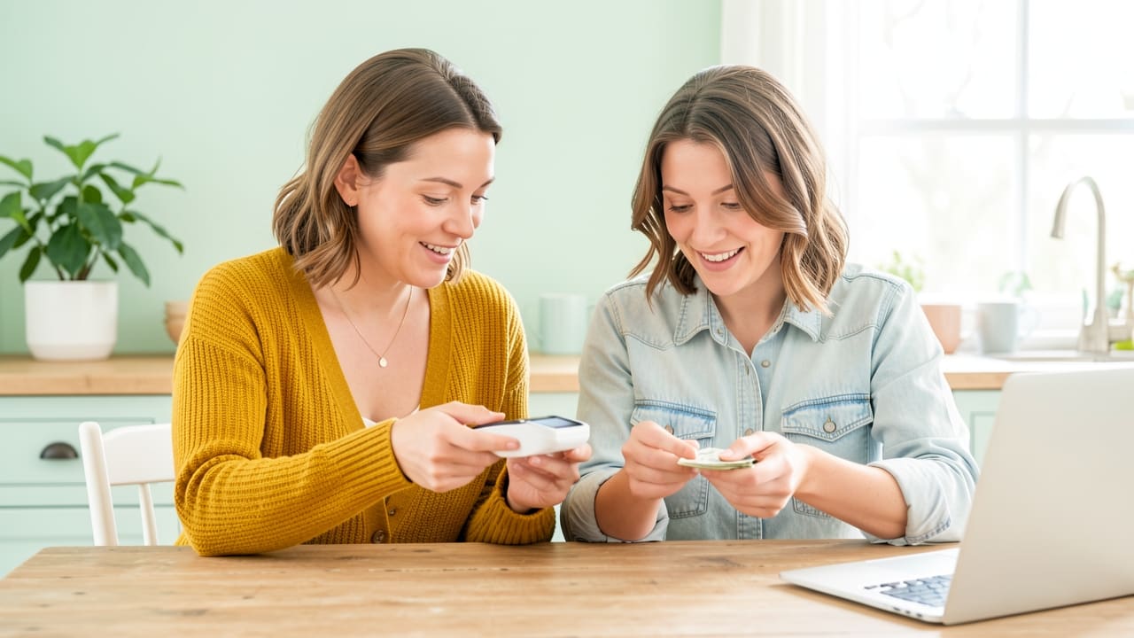 Two co-founders heads together at a kitchen table, one tapping a card reader while the other counts a small stack of cash