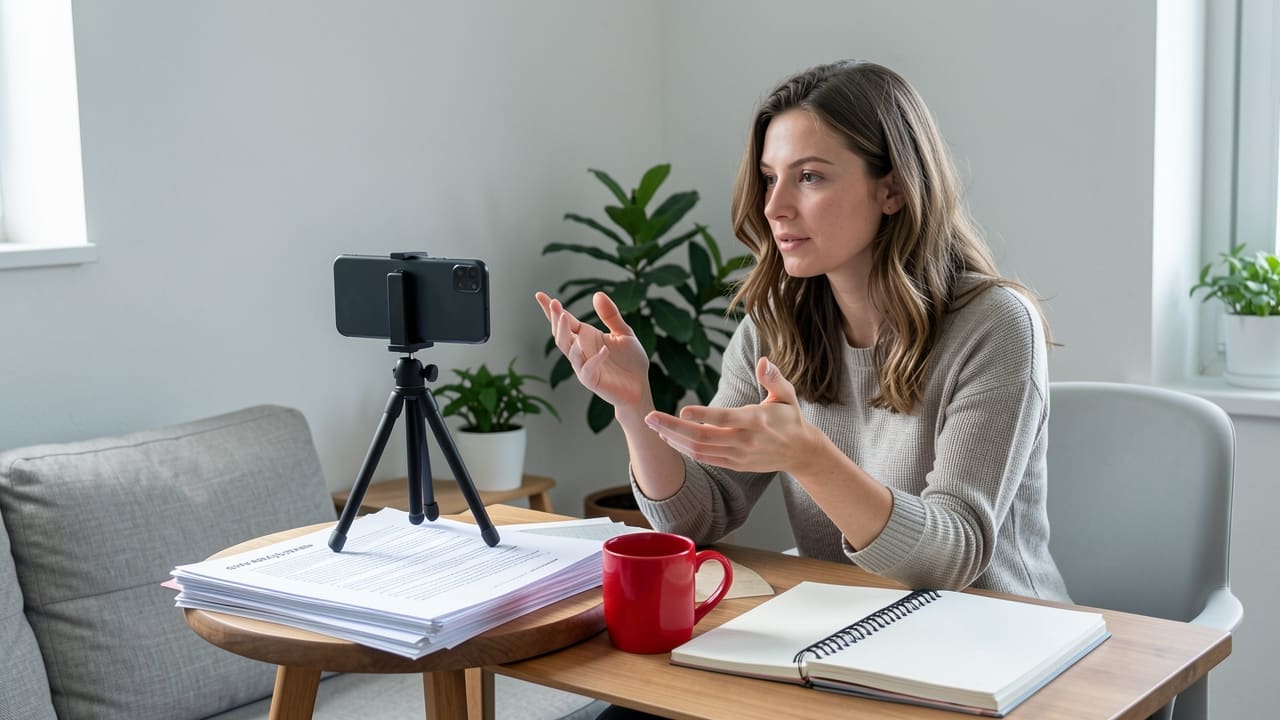 A woman in her late twenties films a demo of her course material on a phone mounted on a small tripod in her apartment