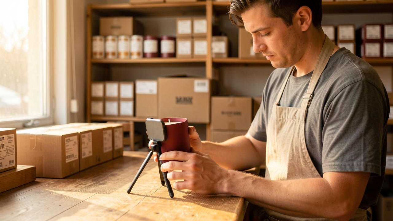 A maker in an apron photographing a handmade candle with a phone on a small tripod, warm shop light, price tags and stock in the background