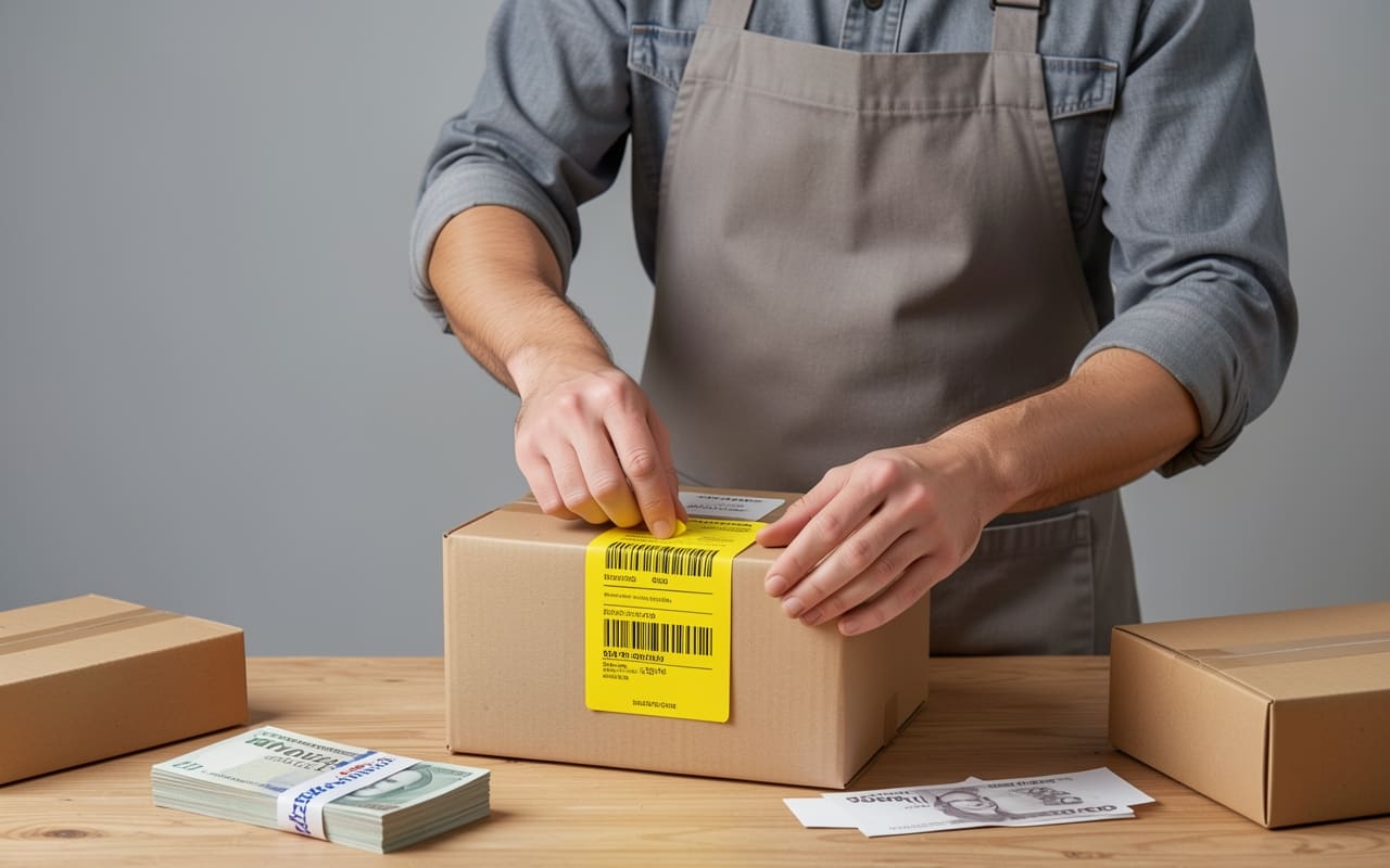 A shop owner sealing a parcel to ship at a small work counter
