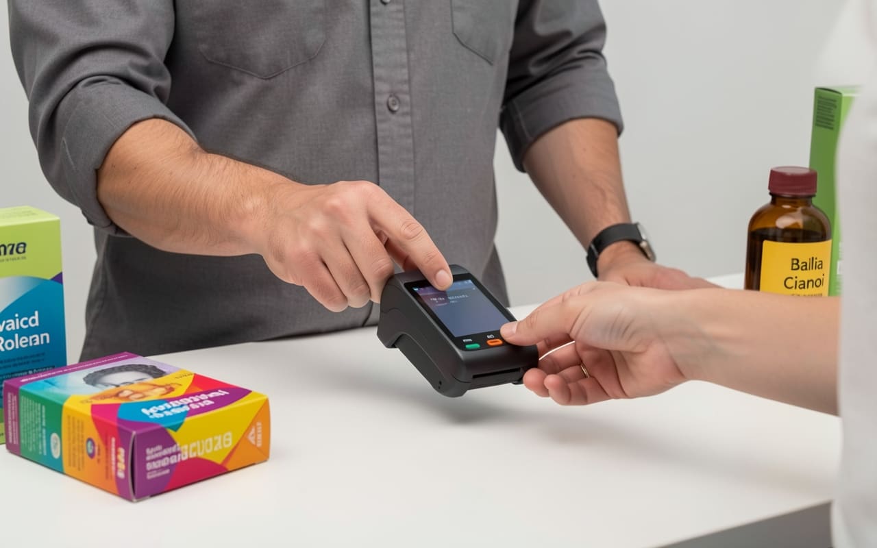 A shop owner sliding a card reader payment across the counter to a customer