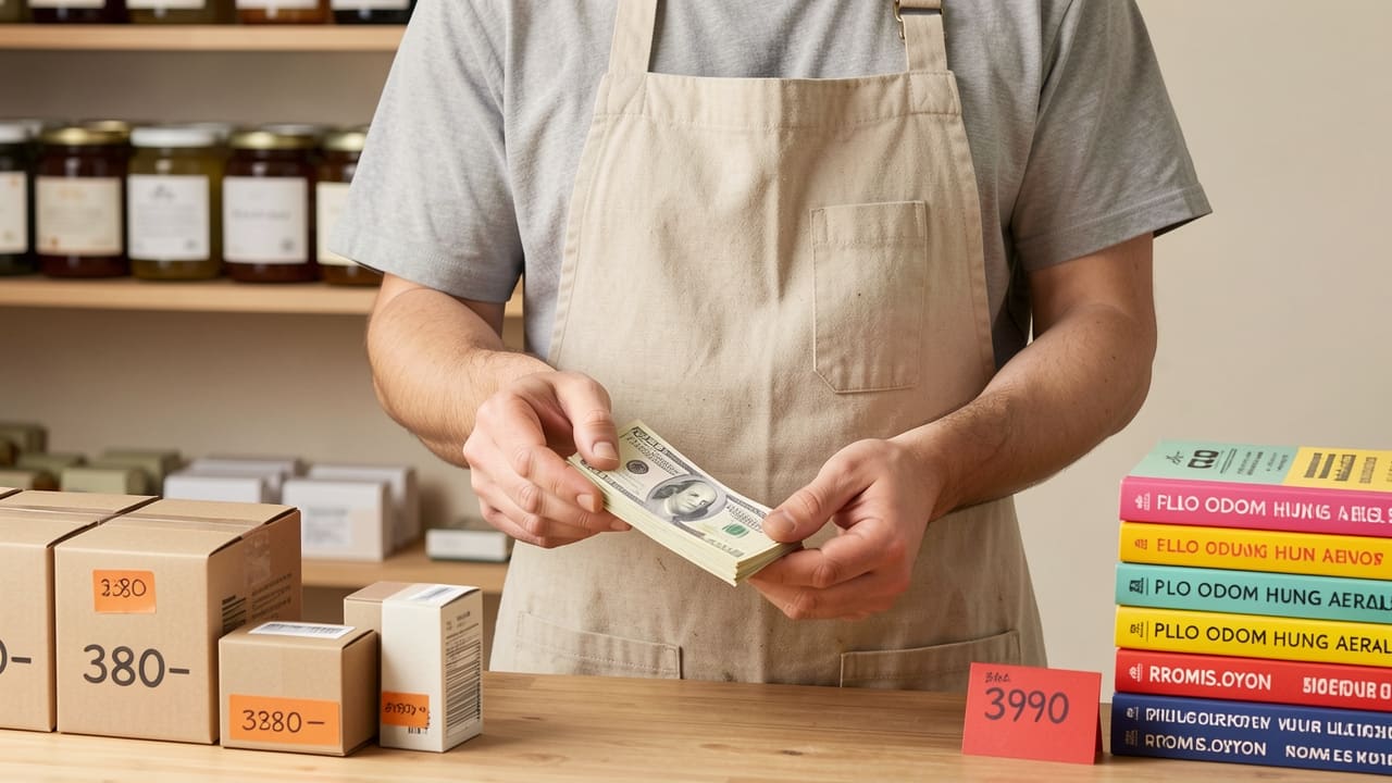 A shop owner in an apron counting cash at a small counter surrounded by packaged products