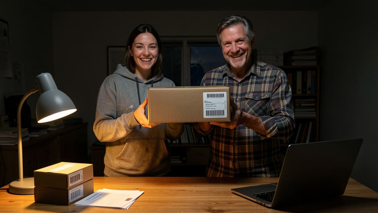 Two people in a small home office high-fiving over a laptop next to a stack of packed shipping boxes, warm desk lamp light against a dark room
