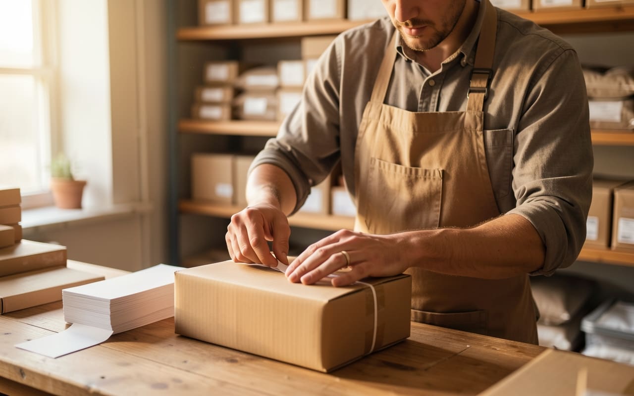 The same shop owner sealing a parcel at a packing counter beside a stack of shipping labels