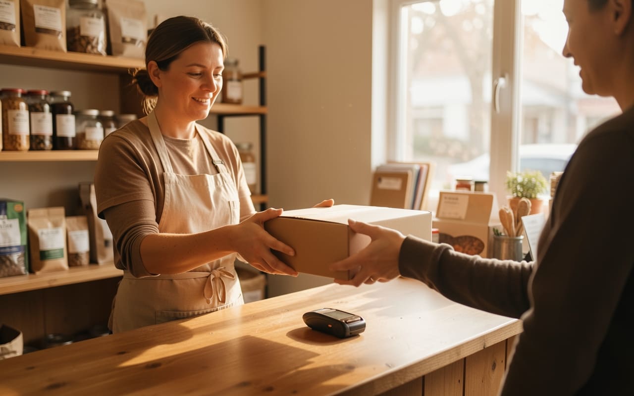 The shop owner handing a finished order box across a counter to a customer with a card reader between them