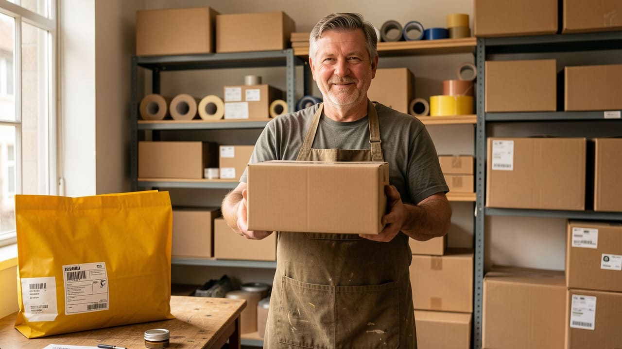 A small-shop owner in an apron holds a freshly packed product box toward the camera in a warm, sunlit stockroom