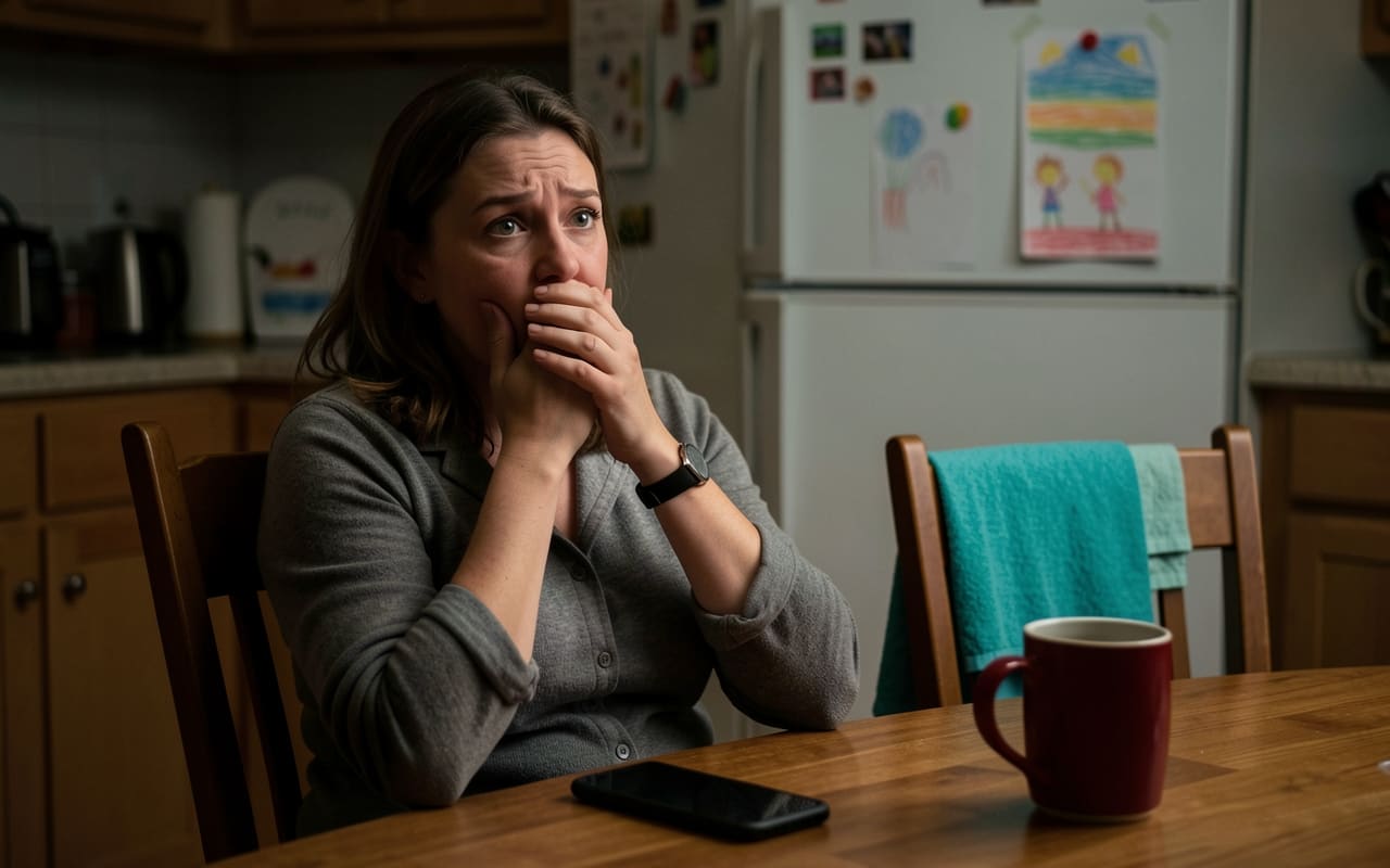 The same parent leaning back in a kitchen chair with a hand over their mouth, quietly stunned, phone face-down beside a cup of coffee