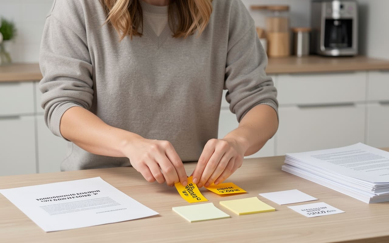 The same woman laying out printed product mockups and pricing tags across her kitchen table while prepping to launch