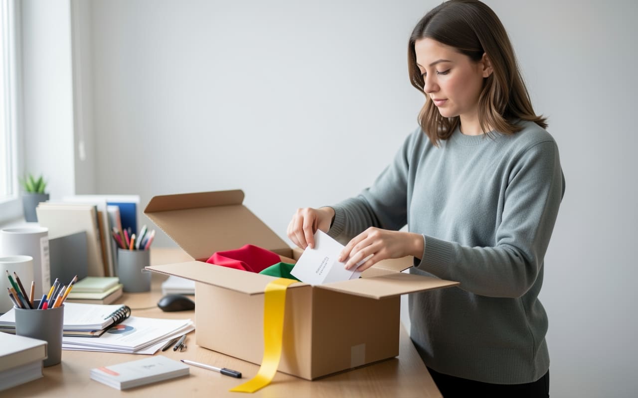 The same woman packing a small stack of finished product samples into a mailer box at her cluttered apartment desk