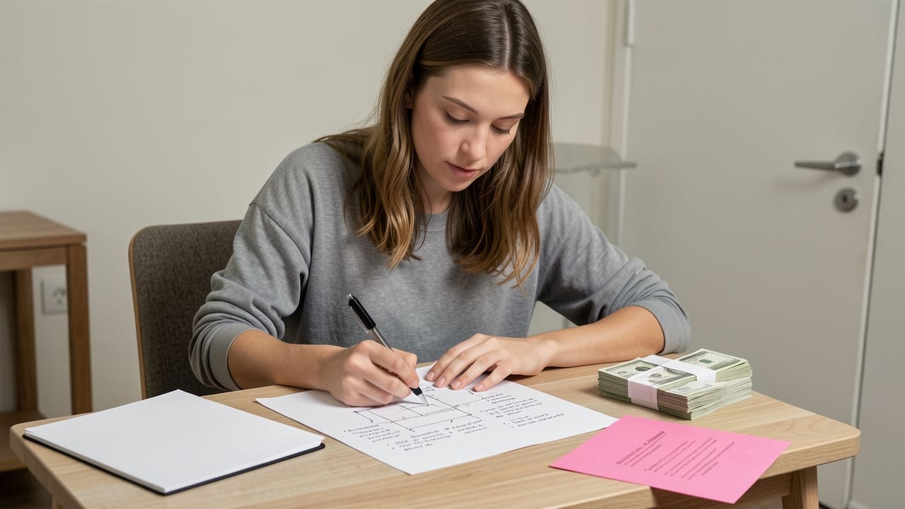 A woman at her small apartment desk laying out handwritten notes and sketches for a digital product, warm lamp light and a stack of cash beside her notebook