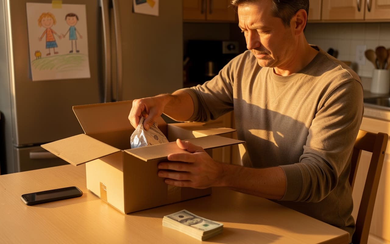 The same parent packing a product into a shipping box at the kitchen table, order slip and labels nearby