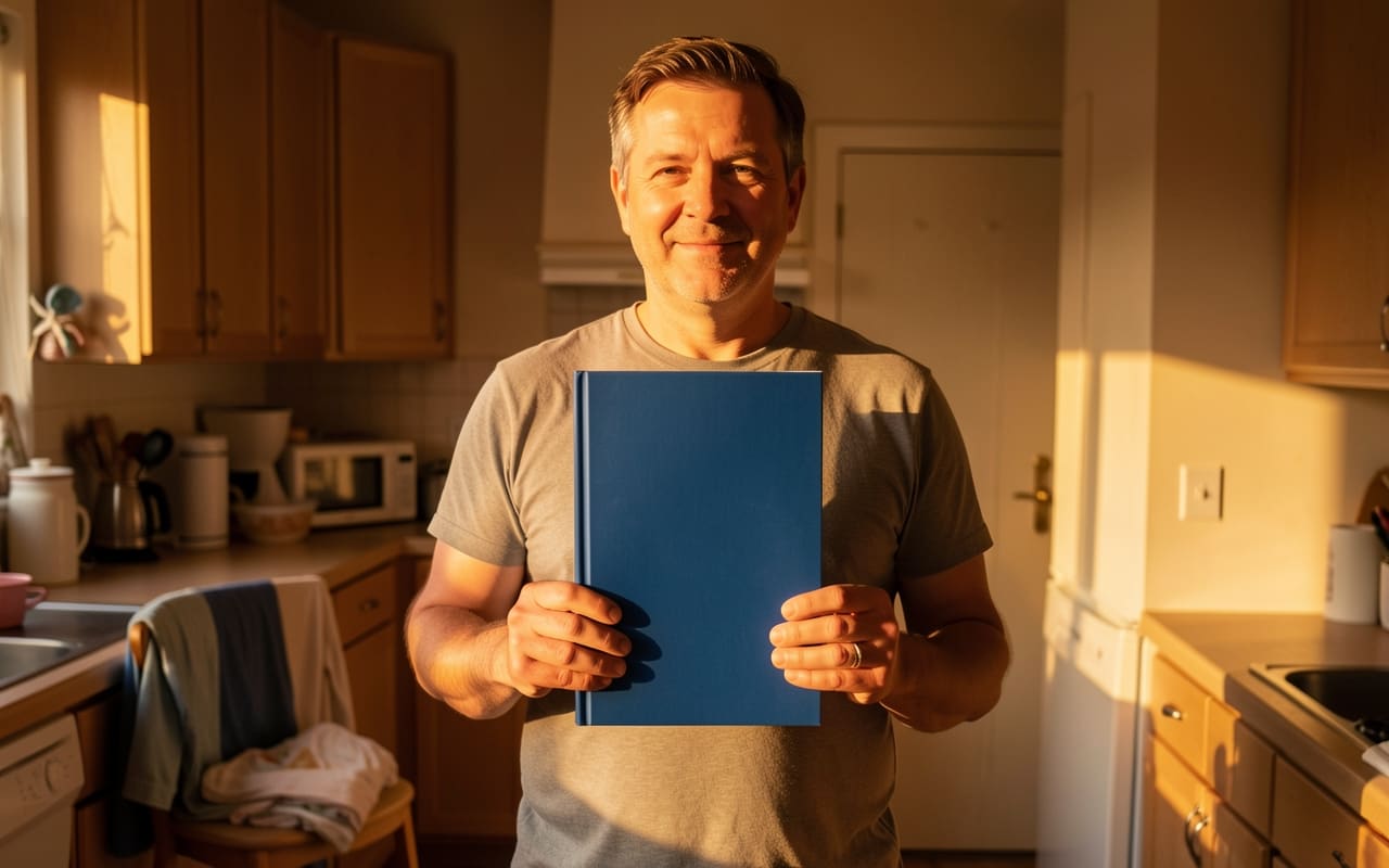 The same parent holding a printed book they published, standing in their kitchen with sunlight behind them