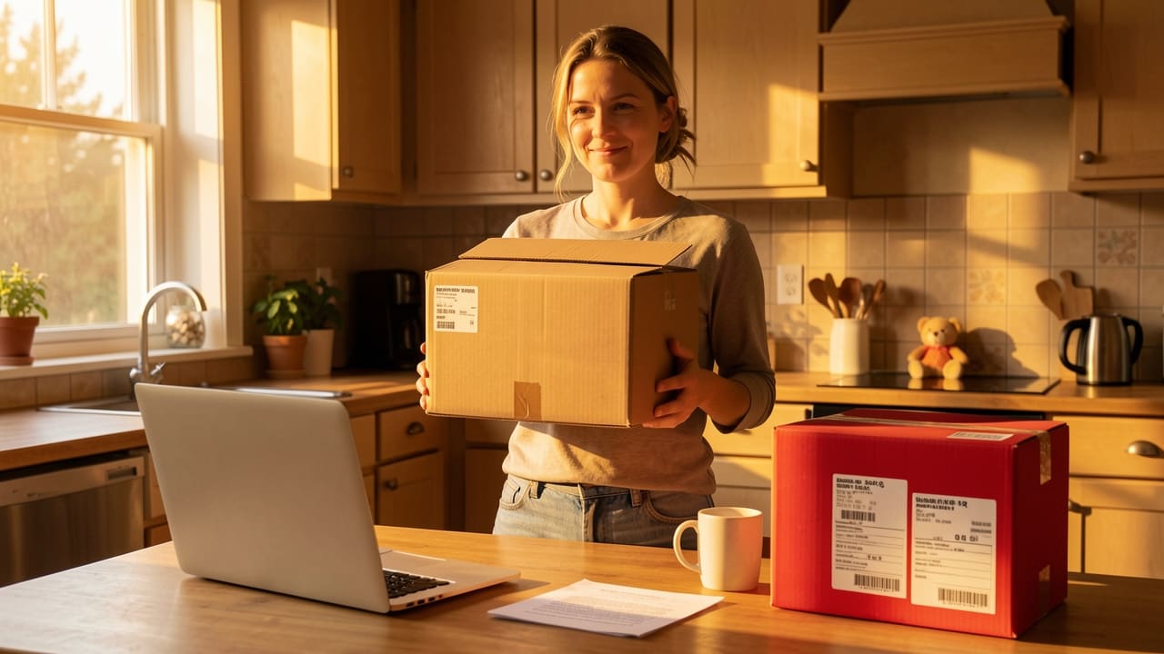 A parent at a kitchen table holding up a packed shipping box full of product, sunlight streaming in with household items visible in the background