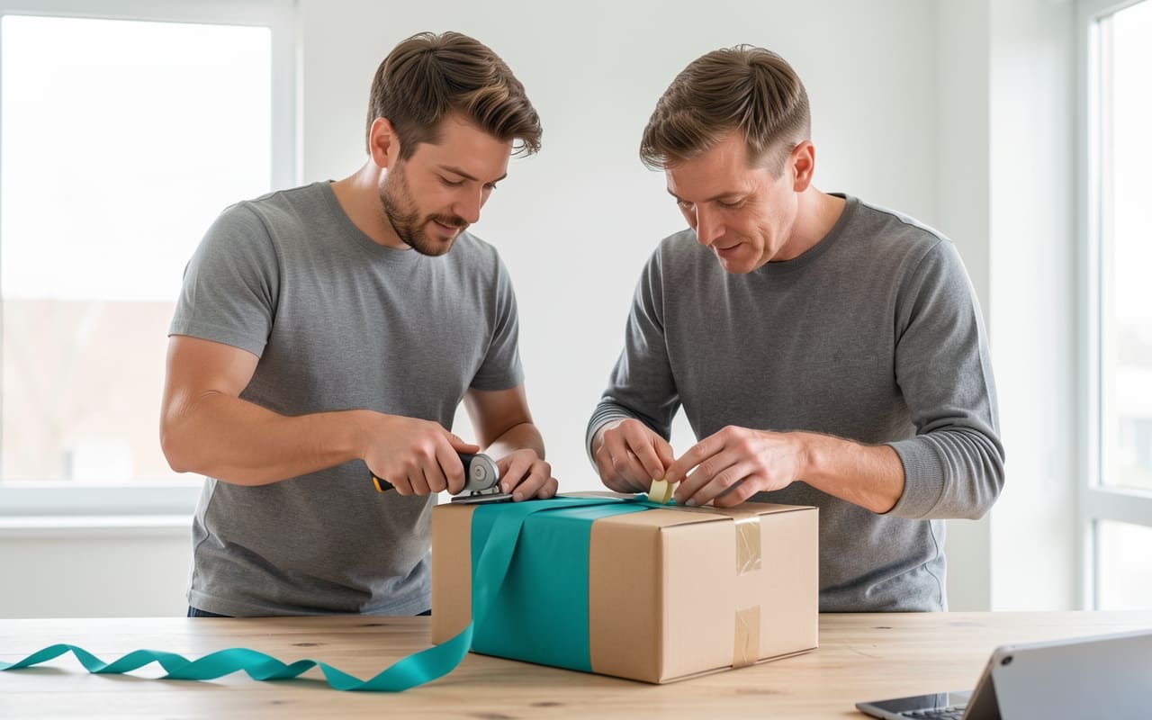 Two people packing and assembling a small order together at a work table, one holding a parcel