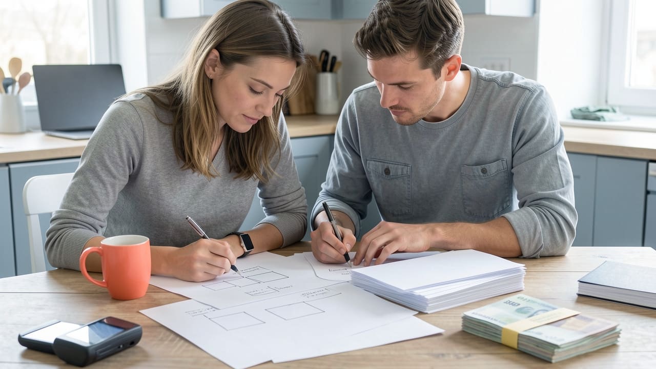 Two co-founders at a kitchen table sketching a product plan on paper beside a stack of printed template packs