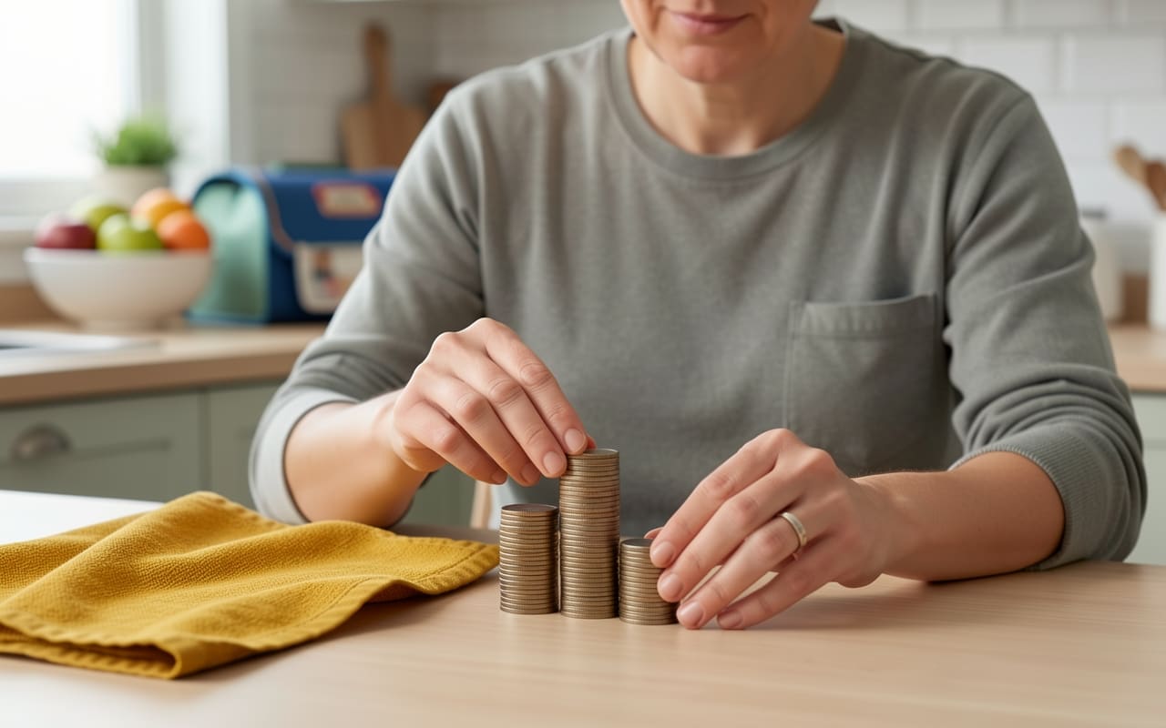 The same parent stacking coins into small piles at the kitchen table while a child's backpack sits nearby
